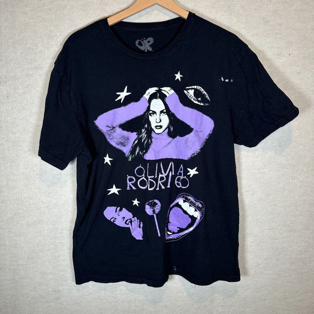Olivia Rodrigo T Shirt Black Purple Portrait Graphic Music Tee Size L